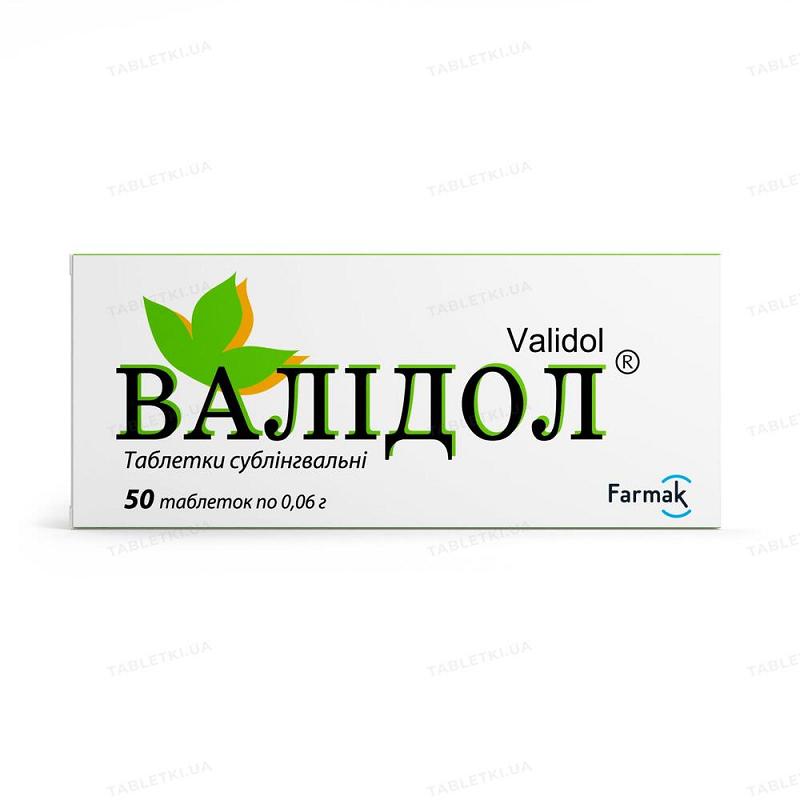 ВАЛІДОЛ® таблетки сублінгвальні по 0,06 г по 10 таблеток у блістері; по 5 блістерів у пачці з картону;